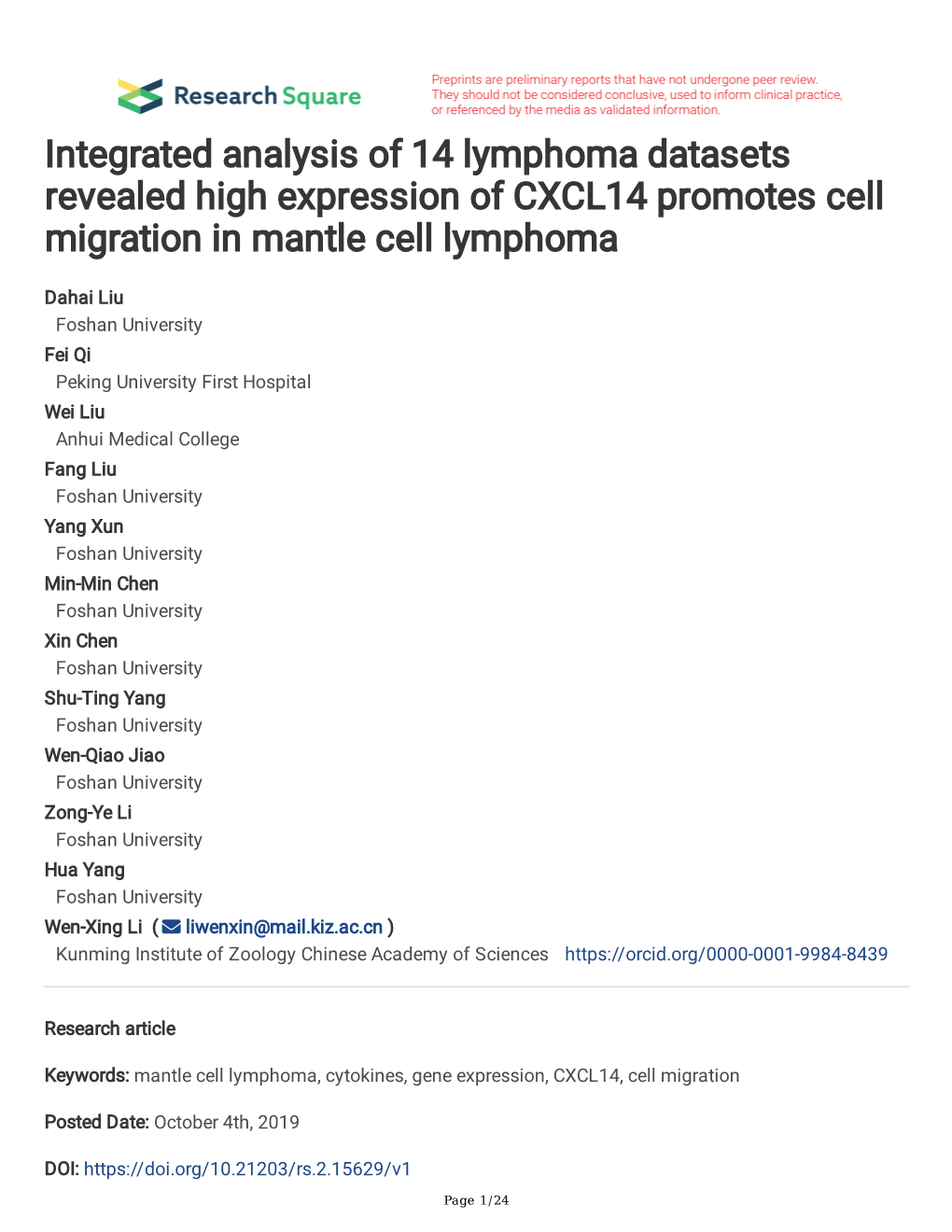 Integrated Analysis of 14 Lymphoma Datasets Revealed High Expression of CXCL14 Promotes Cell Migration in Mantle Cell Lymphoma