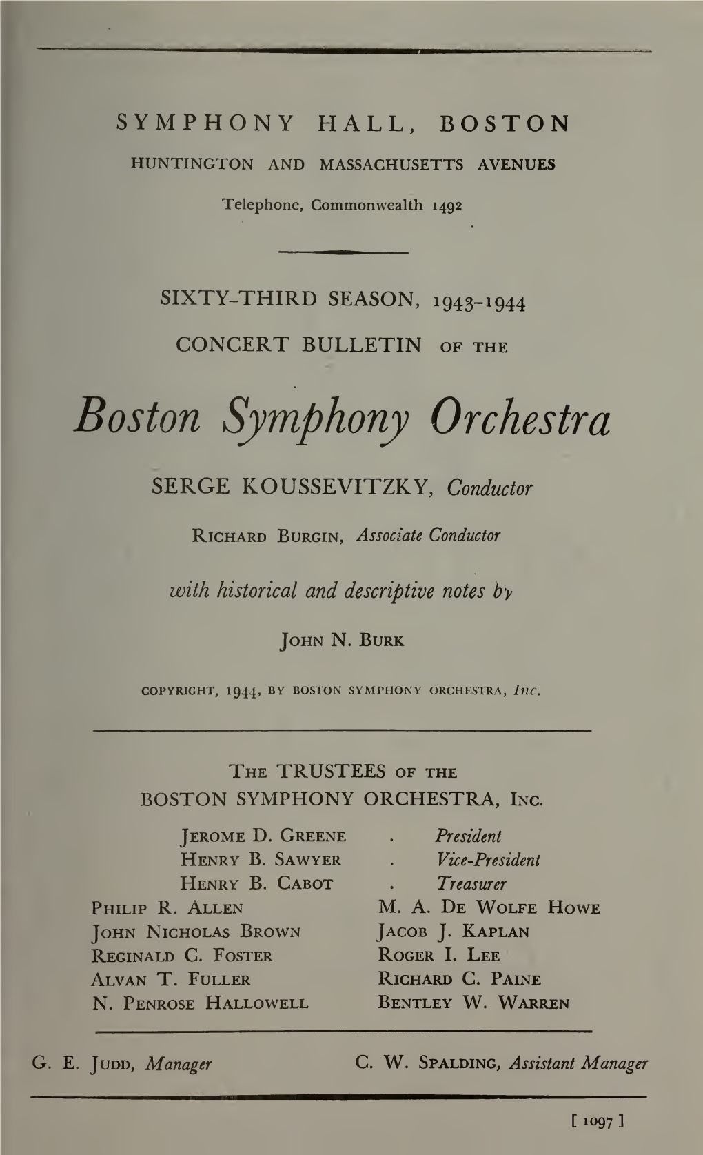 Boston Symphony Orchestra Concert Programs, Season 63,1943-1944, Subscription