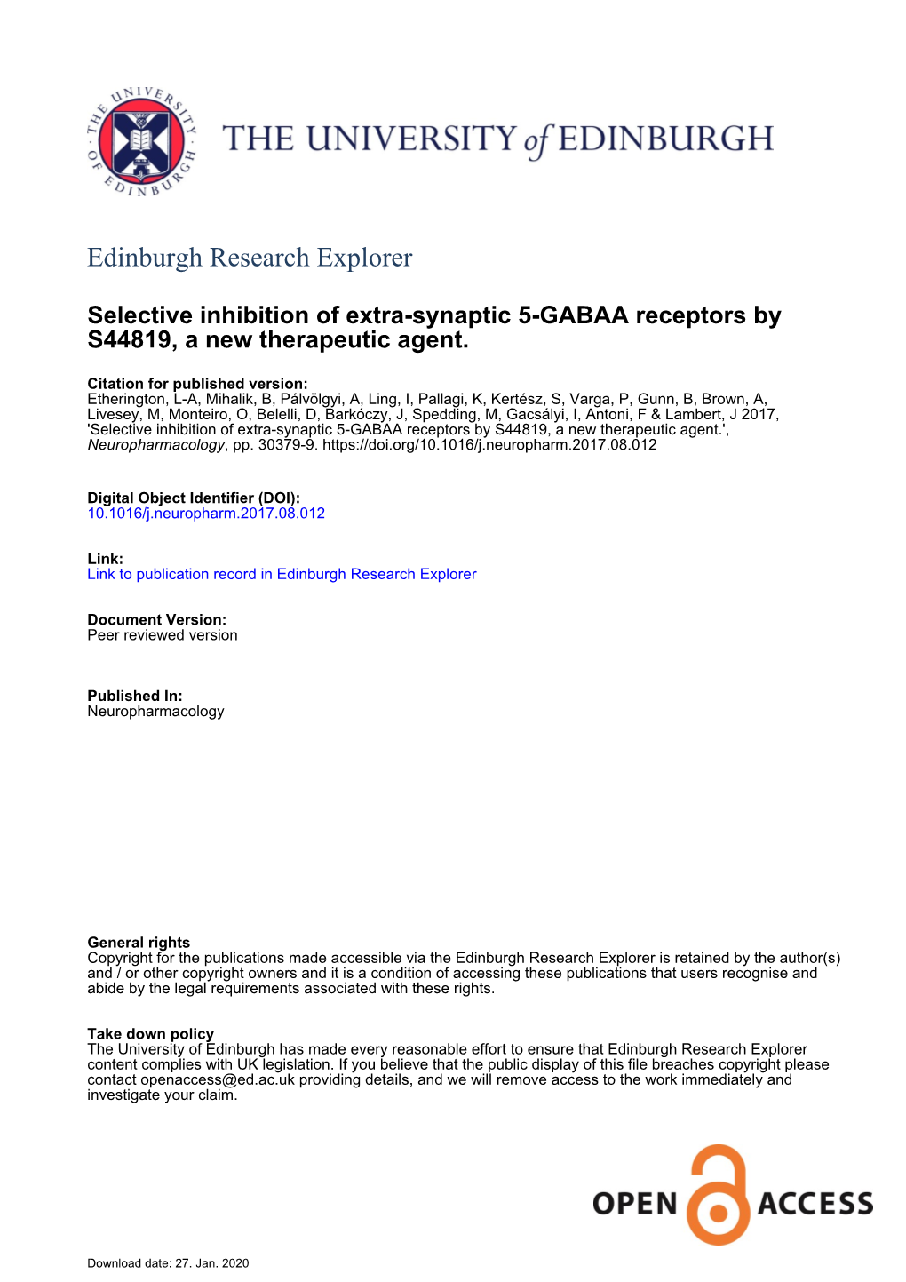Selective Inhibition of Extra-Synaptic Α5-GABAA Receptors by S44819, a New Therapeutic Agent