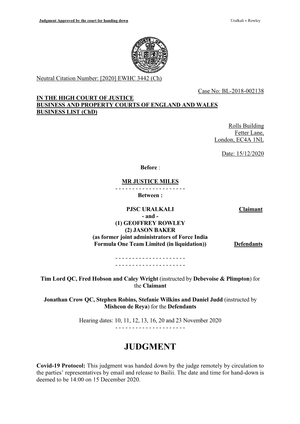 Judgment Approved by the Court for Handing Down Uralkali V Rowley