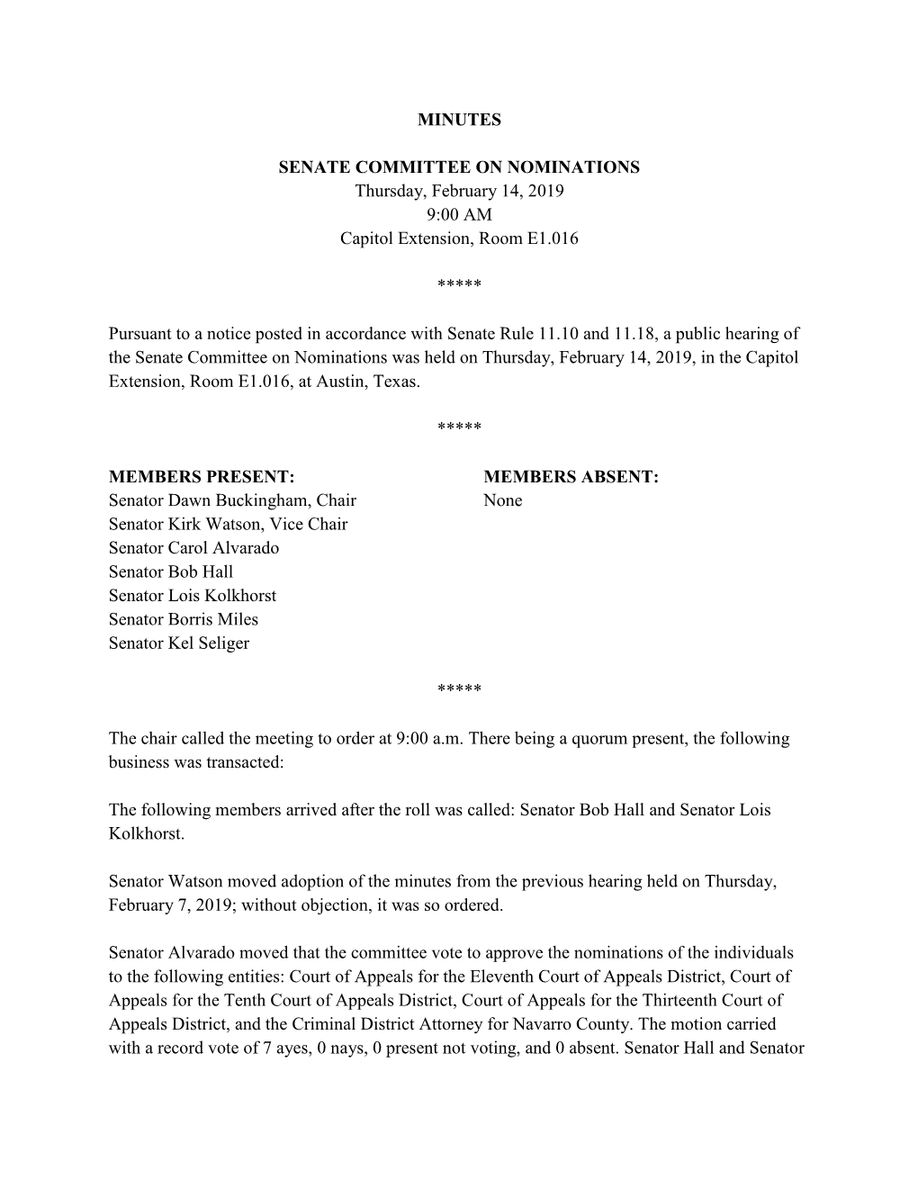 MINUTES SENATE COMMITTEE on NOMINATIONS Thursday, February