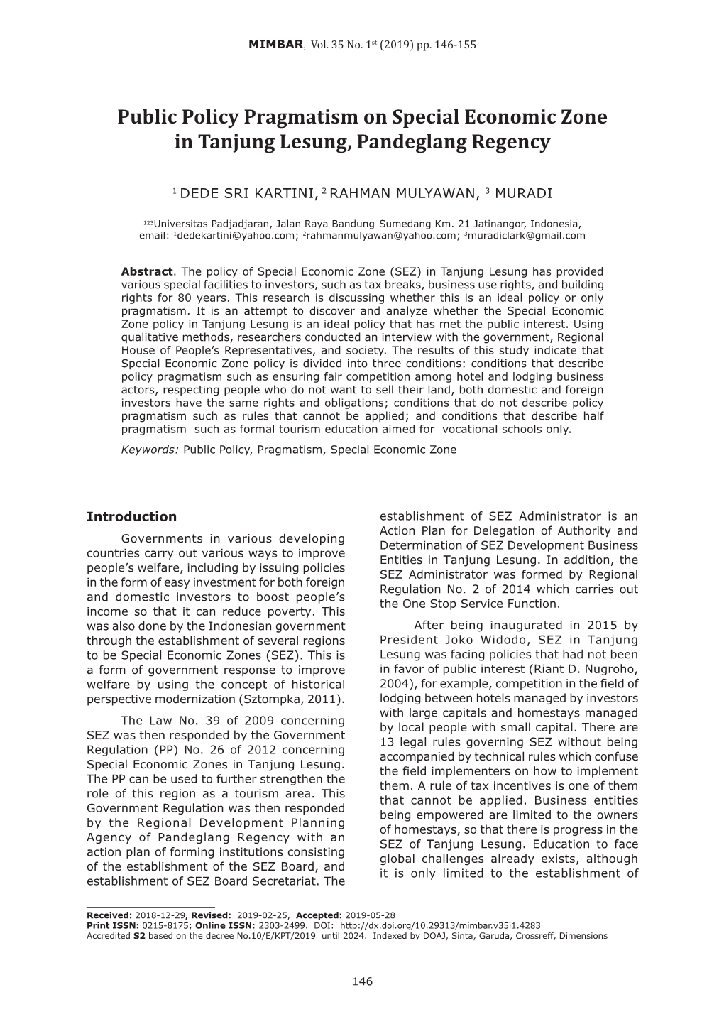 Public Policy Pragmatism on Special Economic Zone in Tanjung Lesung, Pandeglang Regency