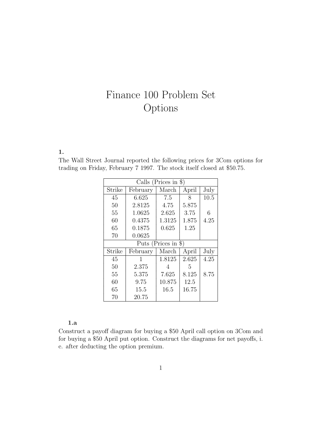 Finance 100 Problem Set Options