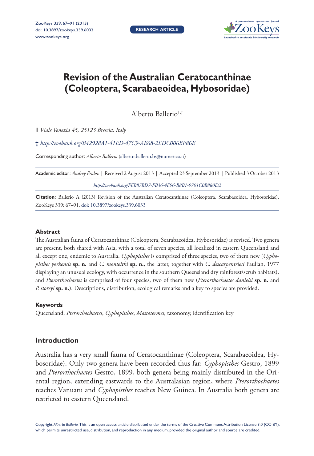 Coleoptera, Scarabaeoidea, Hybosoridae) 67 Doi: 10.3897/Zookeys.339.6033 RESEARCH ARTICLE Launched to Accelerate Biodiversity Research
