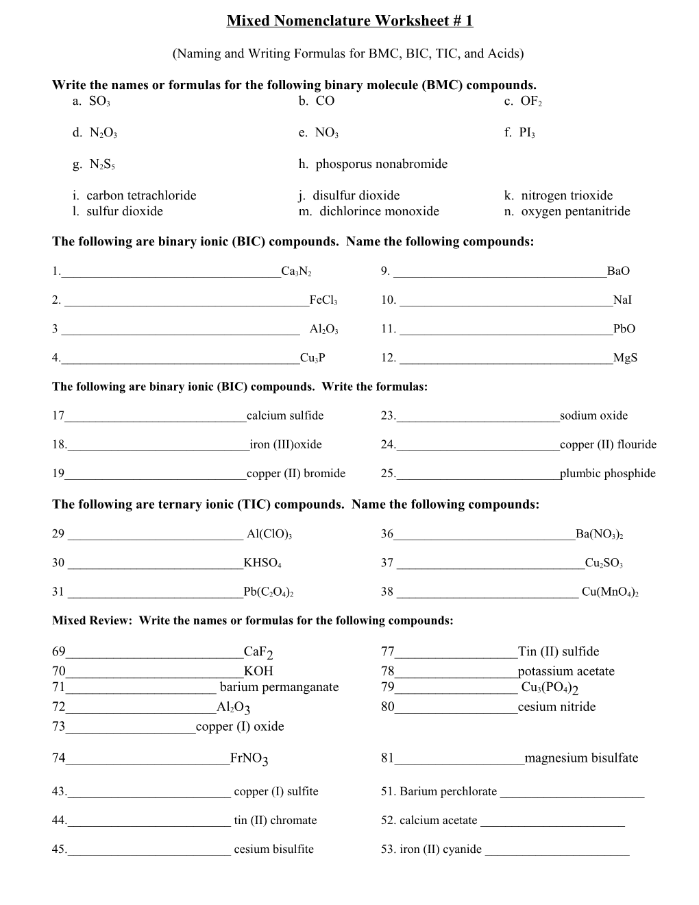 Naming and Writing Formulas for BMC, BIC, TIC, and Acids