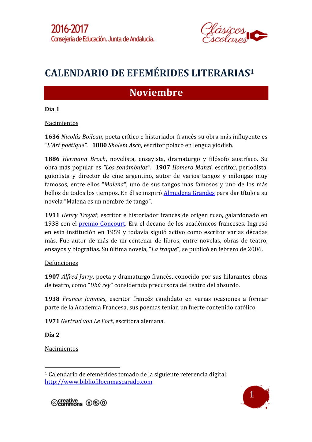 CALENDARIO DE EFEMÉRIDES LITERARIAS1 Noviembre