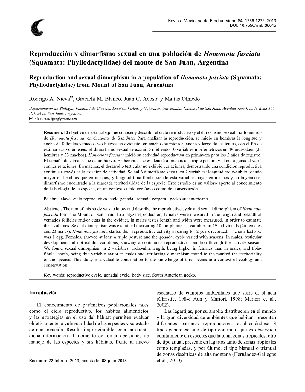 Reproducción Y Dimorfismo Sexual En Una Población De Homonota Fasciata (Squamata: Phyllodactylidae) Del Monte De San Juan, Argentina