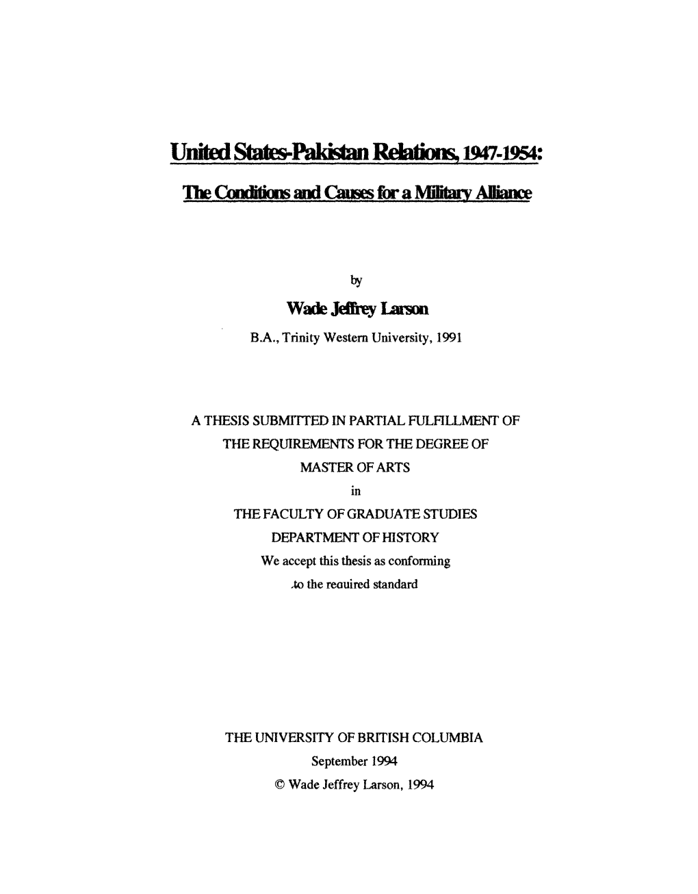United States-Pakistan Relations, 1947-1954