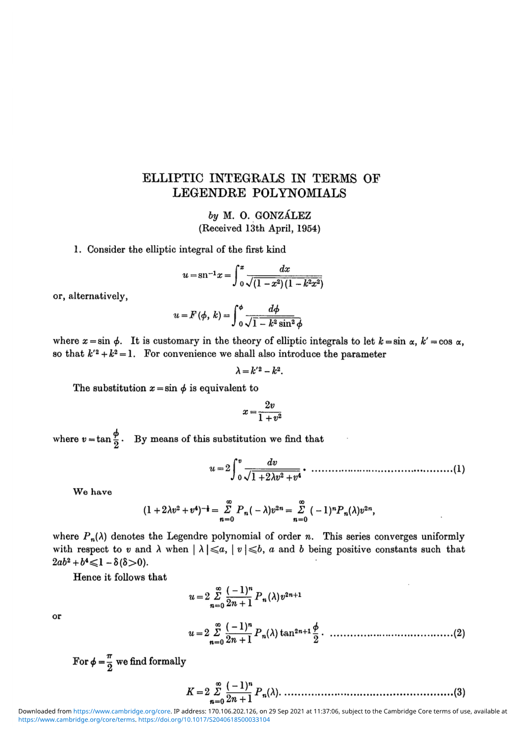 ELLIPTIC INTEGRALS in TERMS of LEGENDRE POLYNOMIALS by M