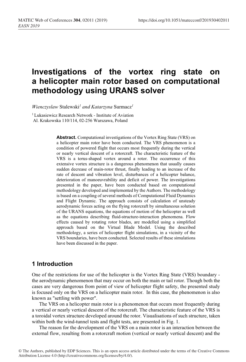 Investigations of the Vortex Ring State on a Helicopter Main Rotor Based on Computational Methodology Using URANS Solver