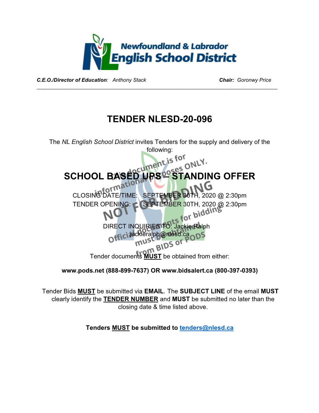 Tender Nlesd-20-096 School Based Ups – Standing Offer