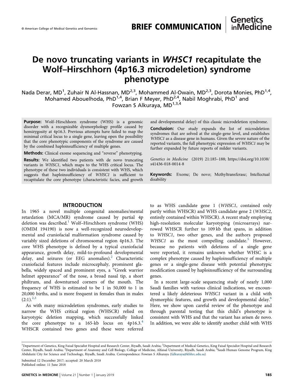 De Novo Truncating Variants in WHSC1 Recapitulate the Wolfâ€“Hirschhorn