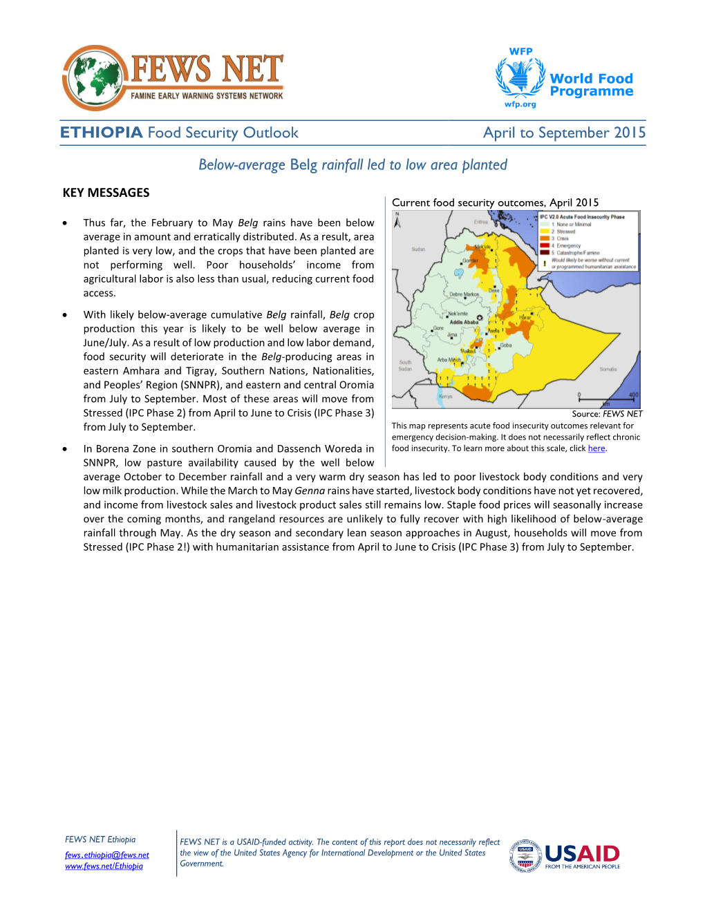 ETHIOPIA Food Security Outlook April to September 2015