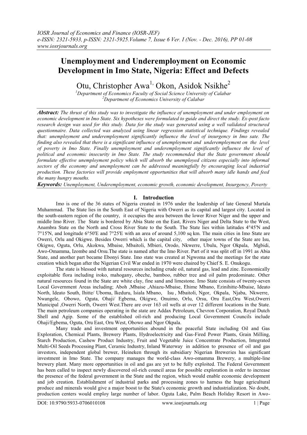 Unemployment and Underemployment on Economic Development in Imo State, Nigeria: Effect and Defects