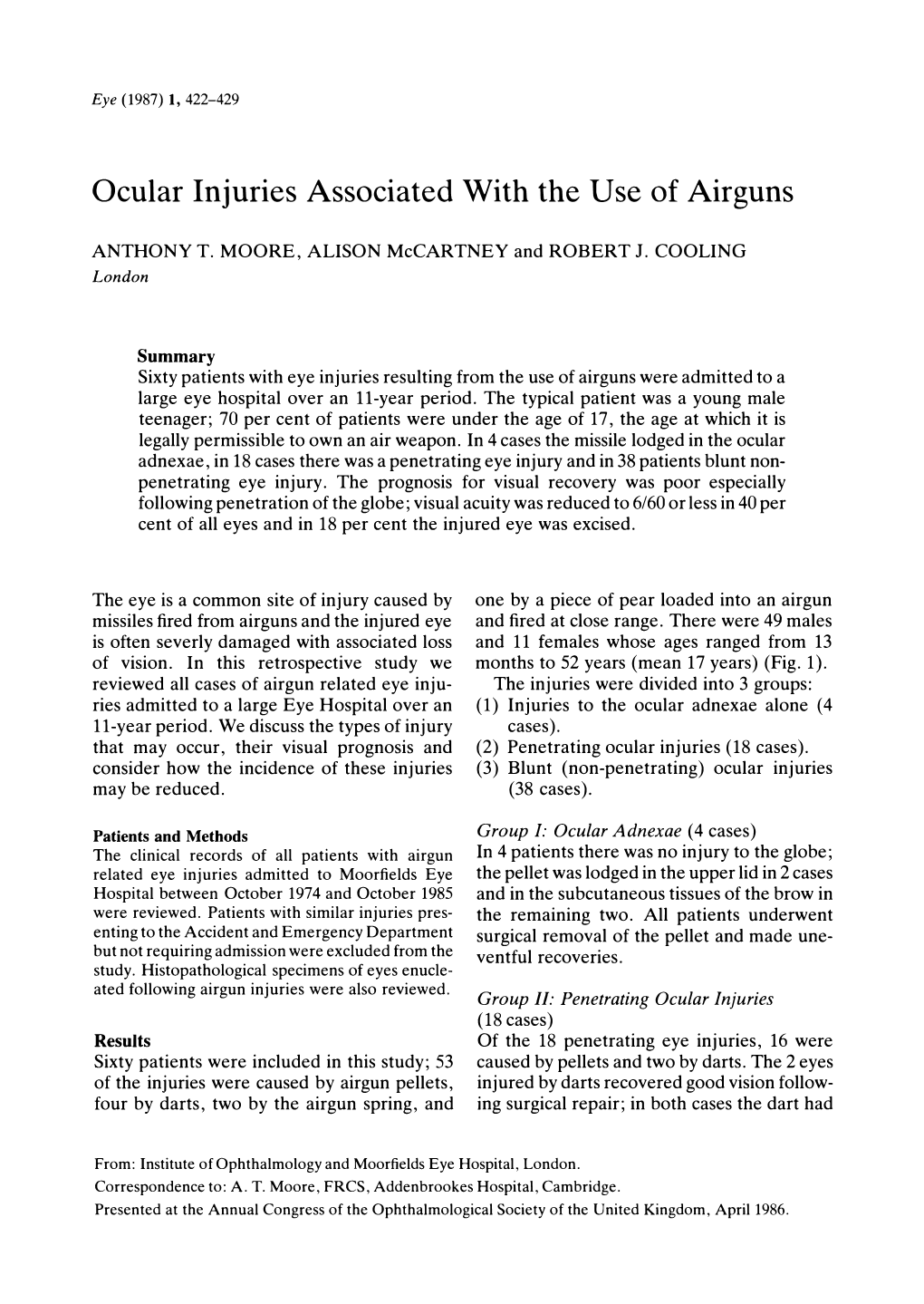 Ocular Injuries Associated with the Use of Airguns