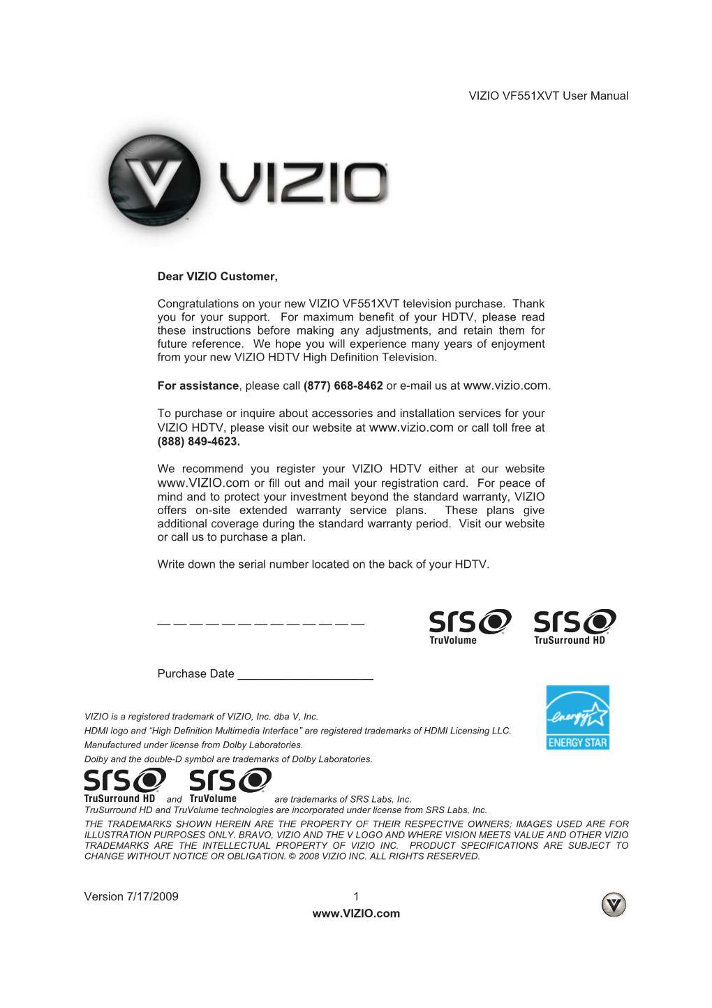 VIZIO VF551XVT User Manual Version 7/17/2009 1