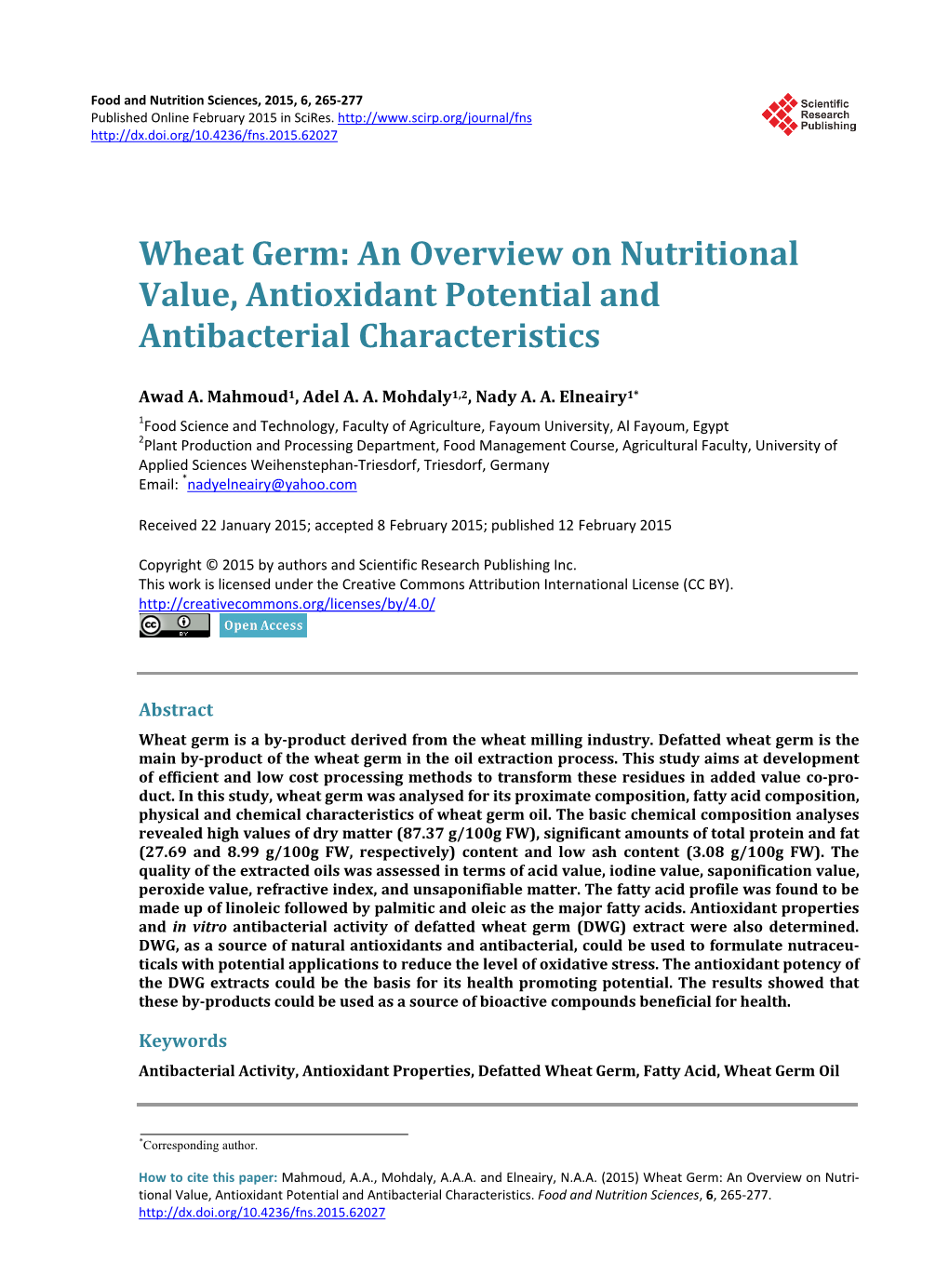 Wheat Germ: an Overview on Nutritional Value, Antioxidant Potential and Antibacterial Characteristics