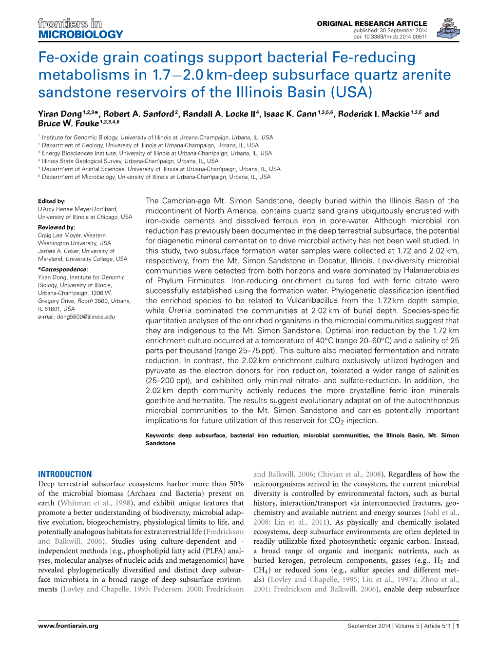 Fe-Oxide Grain Coatings Support Bacterial Fe-Reducing Metabolisms in 1.7−2.0 Km-Deep Subsurface Quartz Arenite Sandstone Reservoirs of the Illinois Basin (USA)