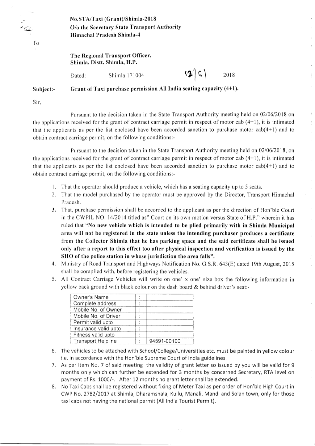 No.STA/Taxi (Crantj/Shimla-Zul S 0/0 the Secretary State Transport Authority Himachal Pradesh Shimla-4 To