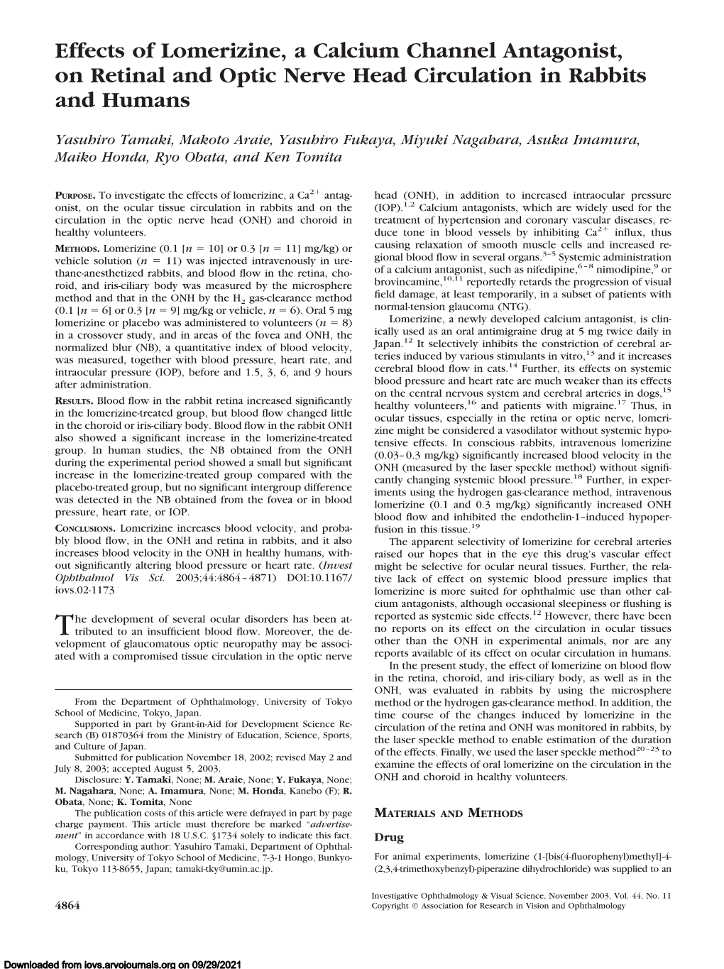 Effects of Lomerizine, a Calcium Channel Antagonist, on Retinal and Optic Nerve Head Circulation in Rabbits and Humans