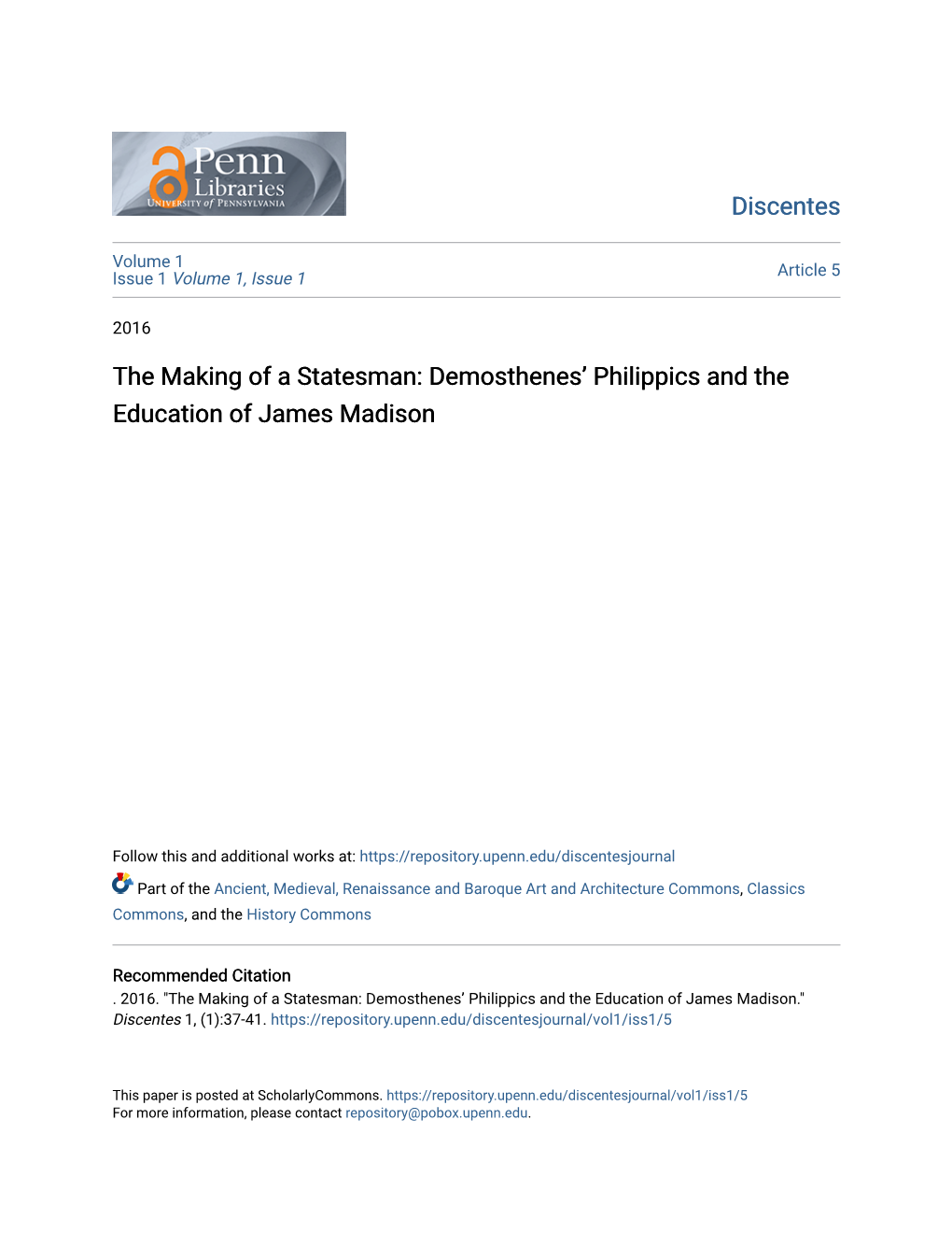 Demosthenes' Philippics and the Education of James Madison