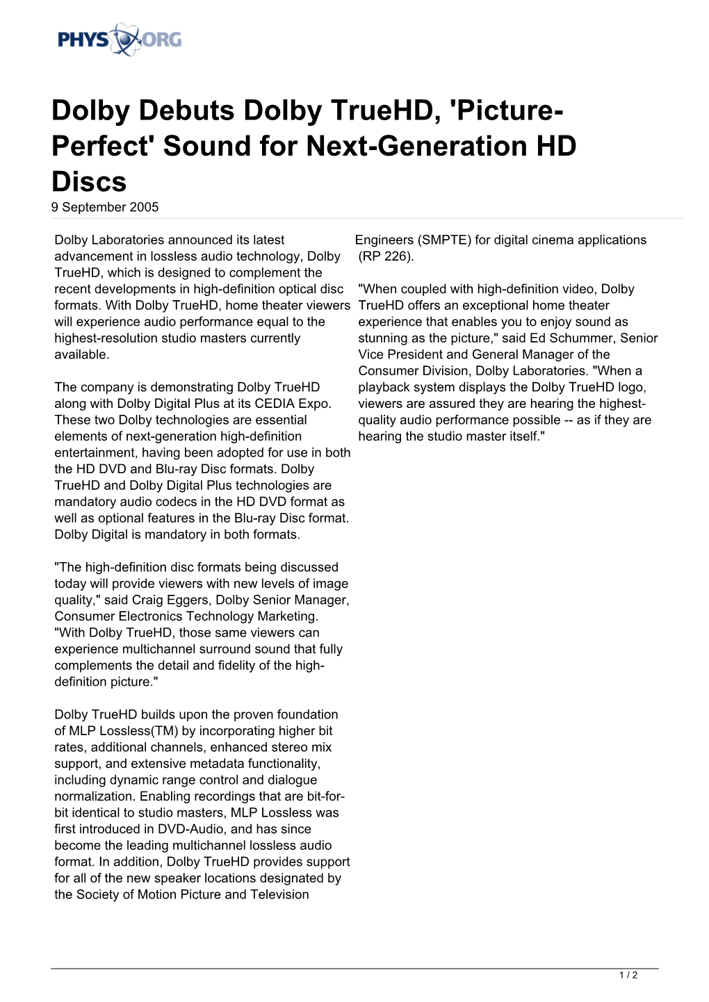 Dolby Debuts Dolby Truehd, 'Picture- Perfect' Sound for Next-Generation HD Discs 9 September 2005