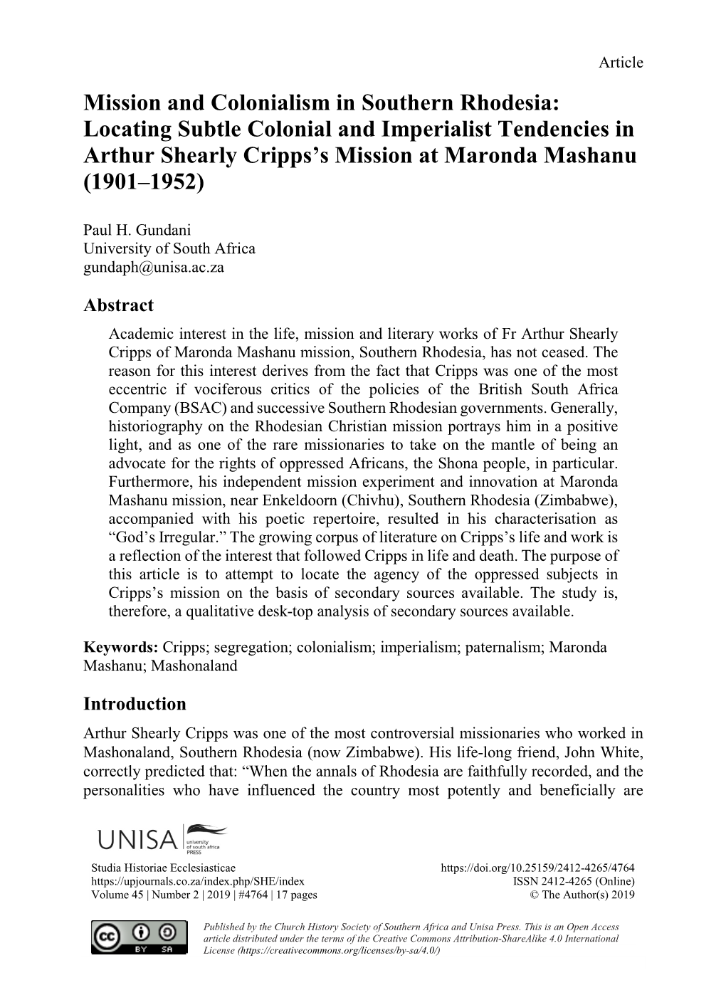 Mission and Colonialism in Southern Rhodesia: Locating Subtle Colonial and Imperialist Tendencies in Arthur Shearly Cripps’S Mission at Maronda Mashanu (1901–1952)