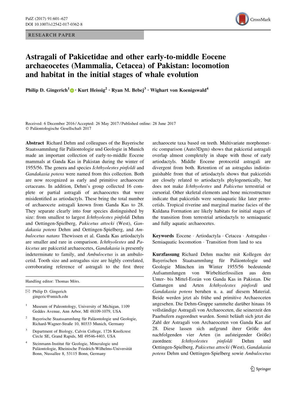 Mammalia, Cetacea) of Pakistan: Locomotion and Habitat in the Initial Stages of Whale Evolution