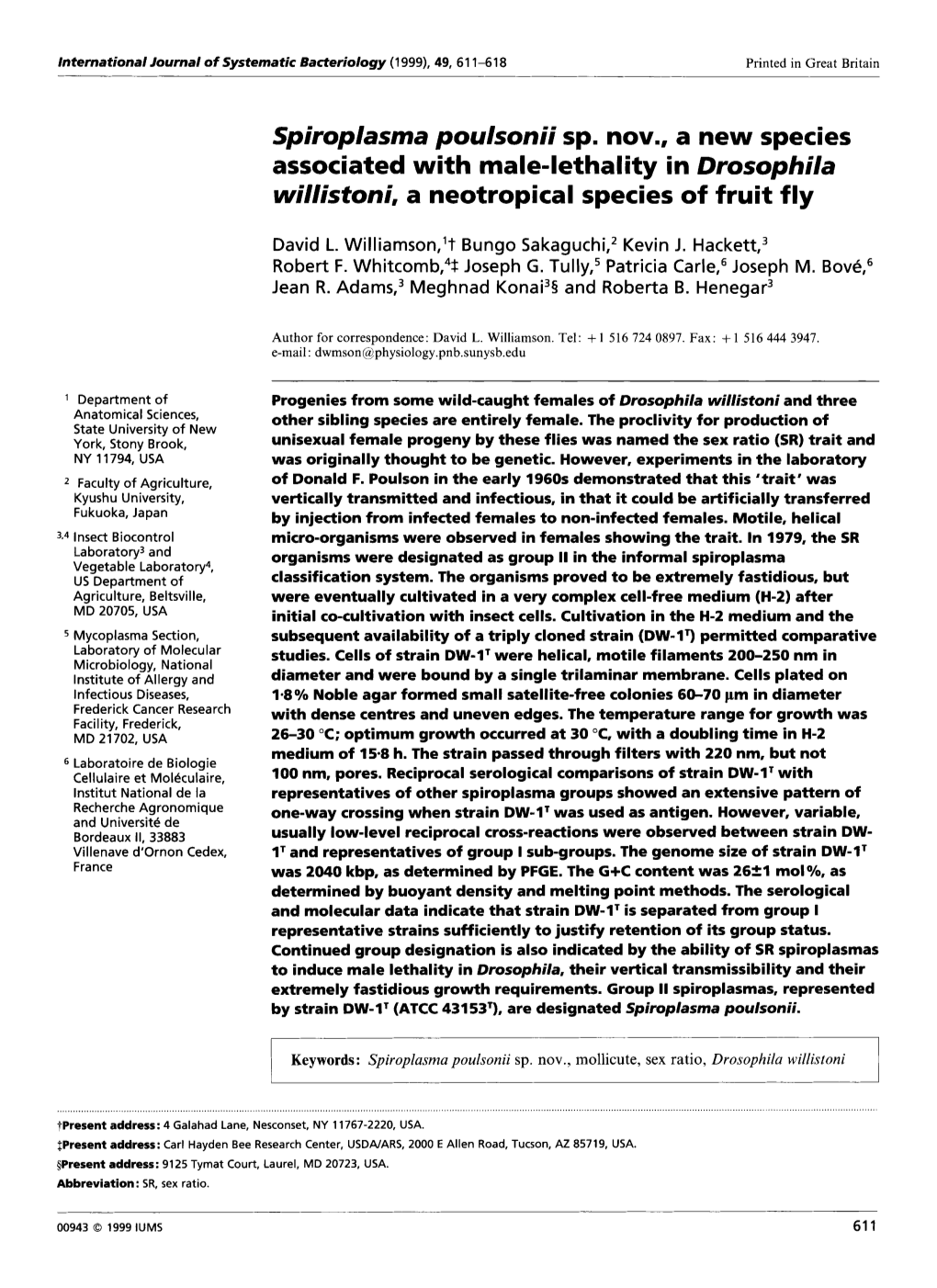 Spiroplasma Poulsonii Sp. Nov., a New Species Associated with Male-Lethality in Drosophila Willistoni, a Neotropical Species of Fruit Fly