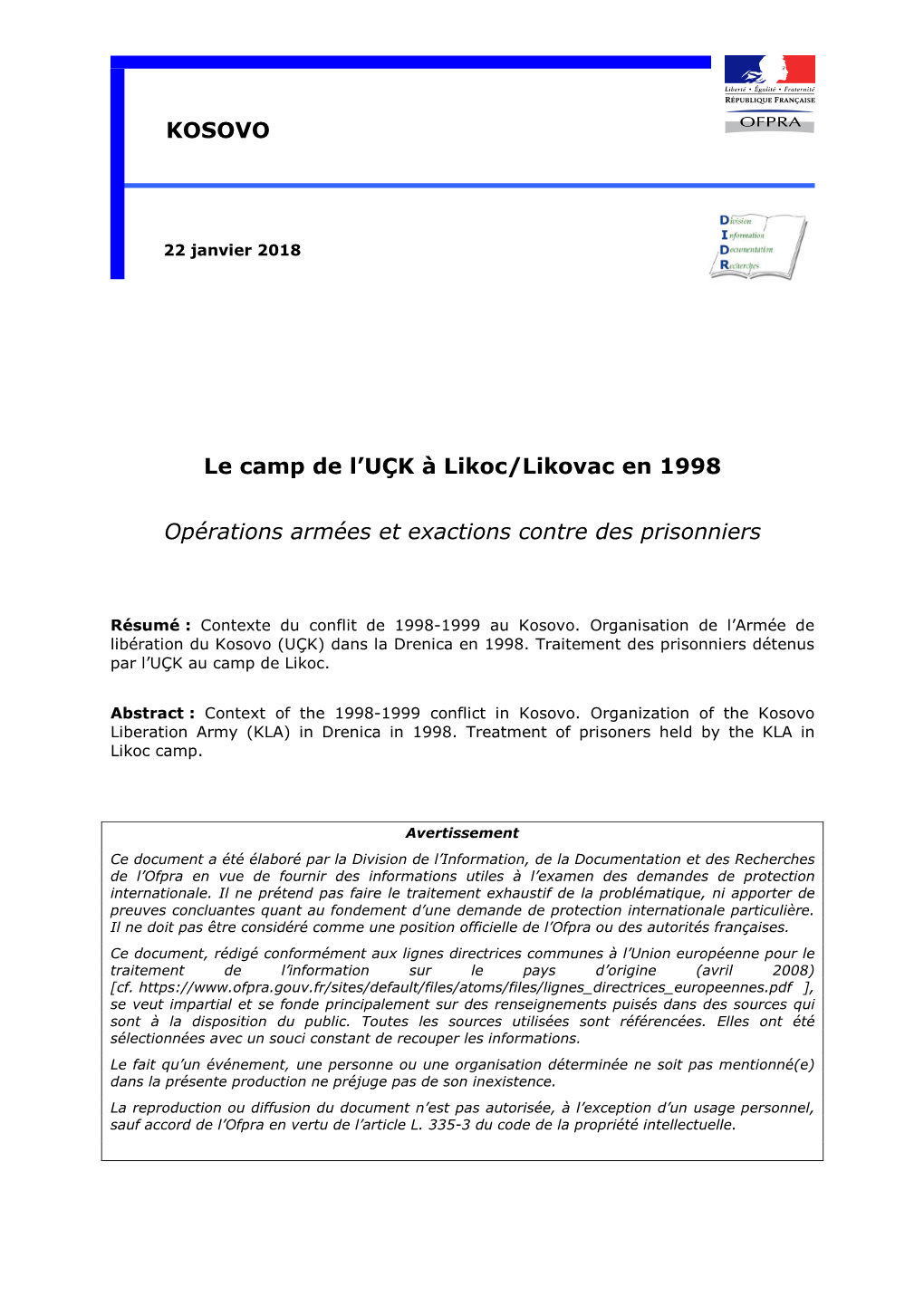 DIDR, Kosovo : Le Camp De L'uçk À Likoc/Likovac En 1998, Ofpra, 22/01