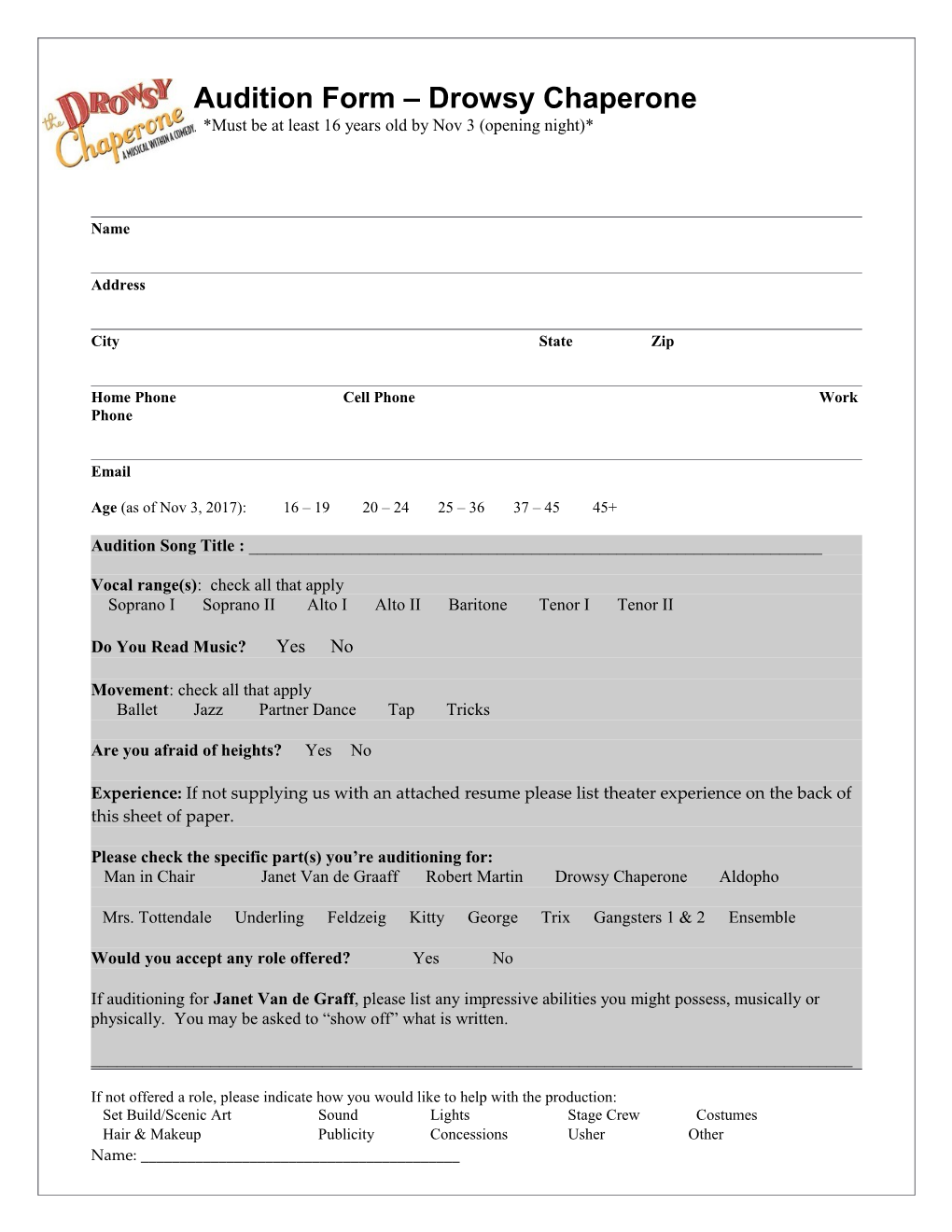 Audition Form Drowsy Chaperone