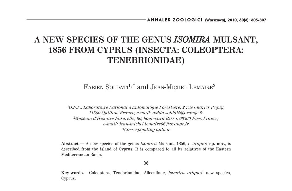 A New Species of the Genus Isomira Mulsant, 1856 from Cyprus (Insecta: Coleoptera: Tenebrionidae)