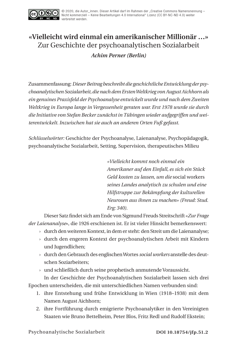 Zur Geschichte Der Psychoanalytischen Sozialarbeit Achim Perner (Berlin)