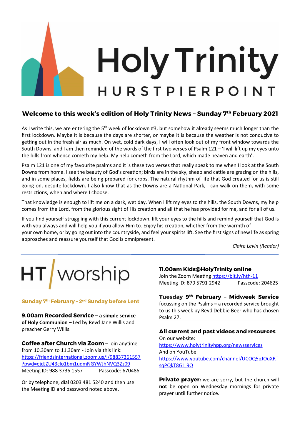Holy Trinity News – Sunday 7Th February 2021