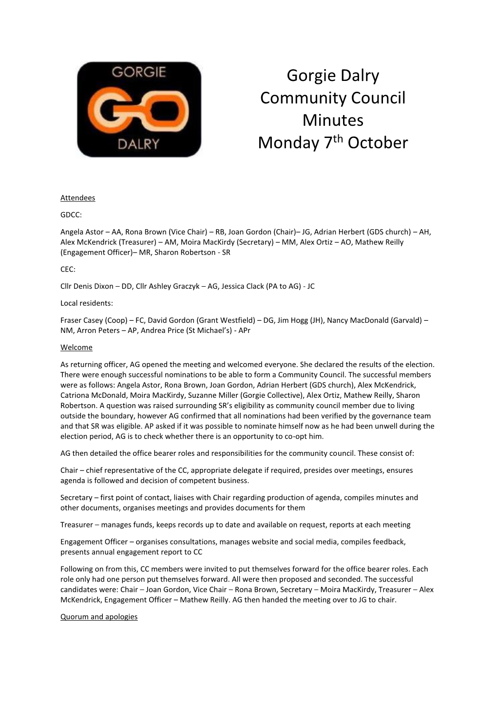 Gorgie Dalry Community Council Minutes Monday 7Th October