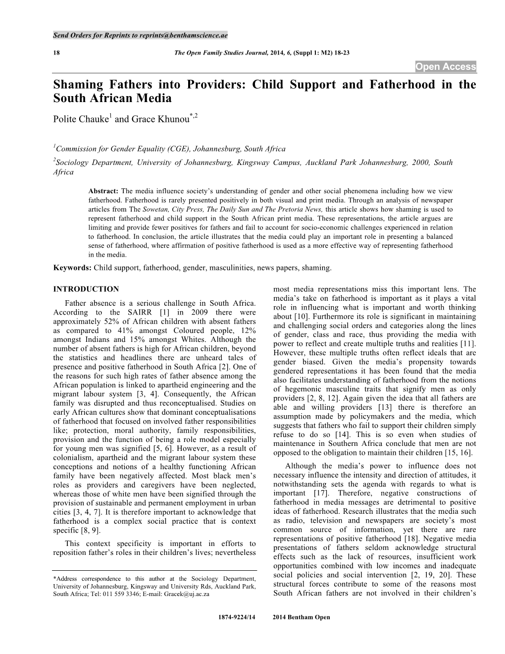 Child Support and Fatherhood in the South African Media Polite Chauke1 and Grace Khunou*,2