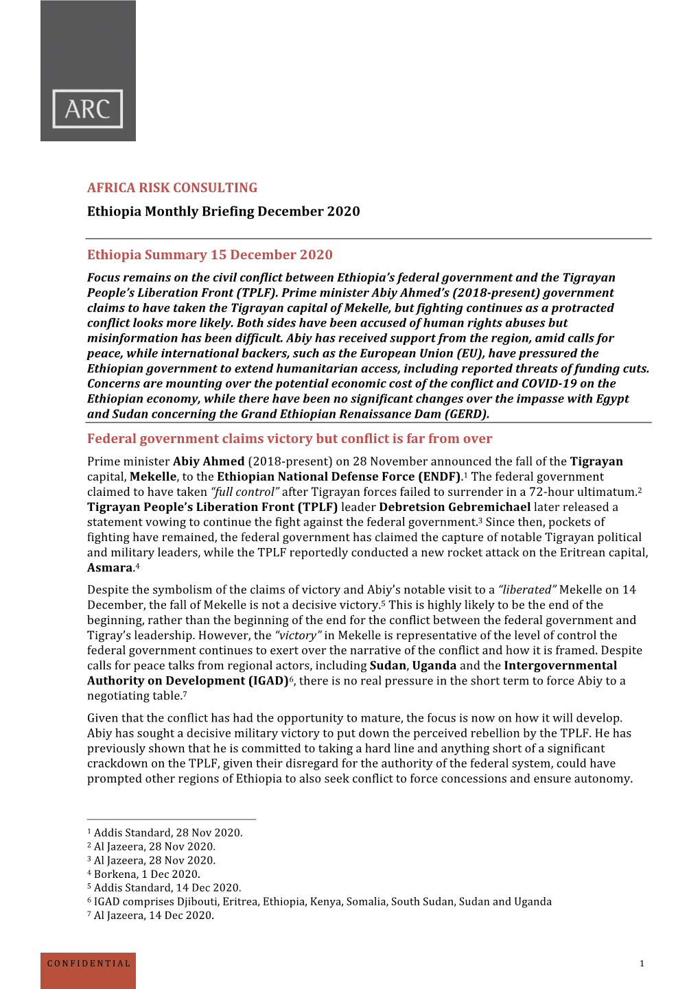 AFRICA RISK CONSULTING Ethiopia Monthly Briefing December 2020