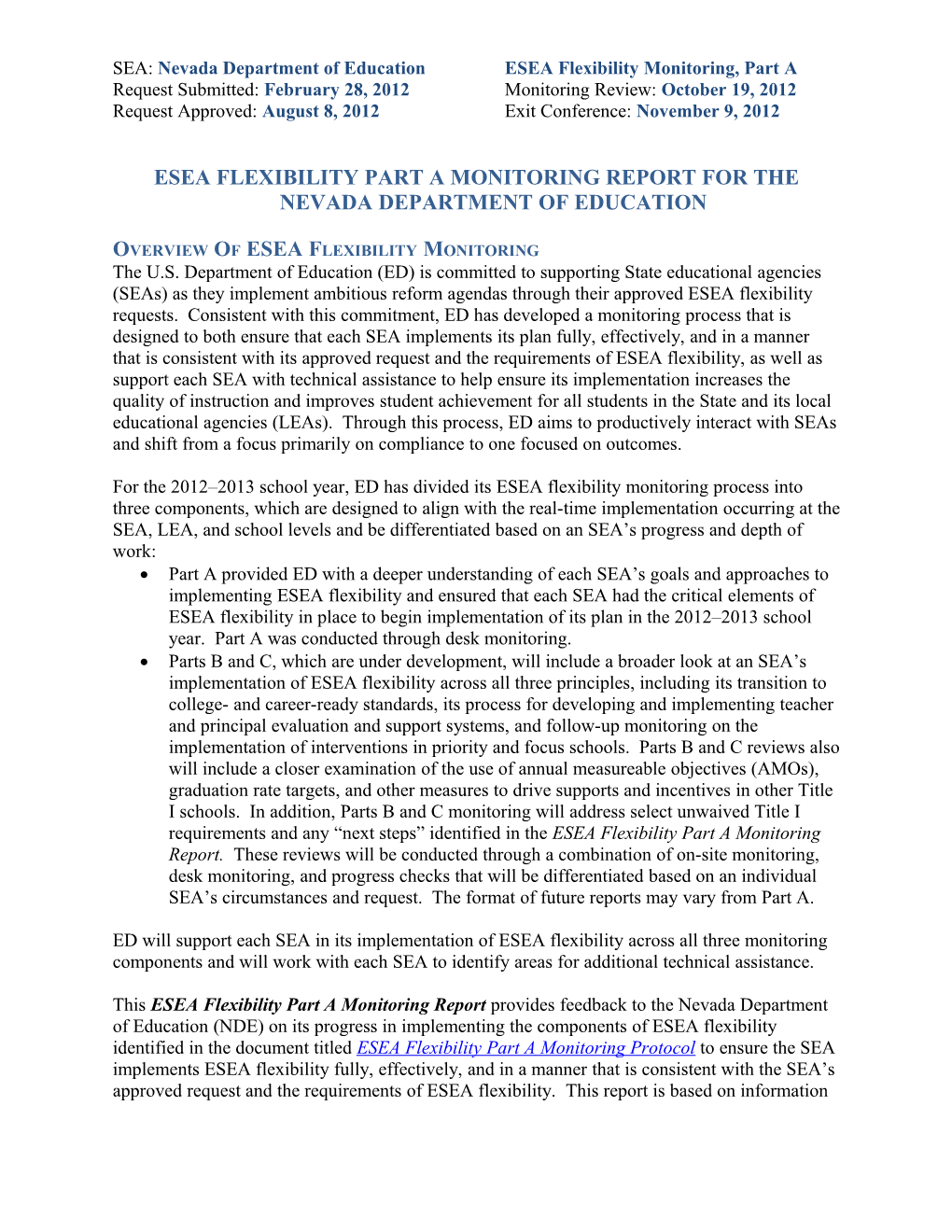 SEA: Nevada Department of Education ESEA Flexibility Monitoring, Part A