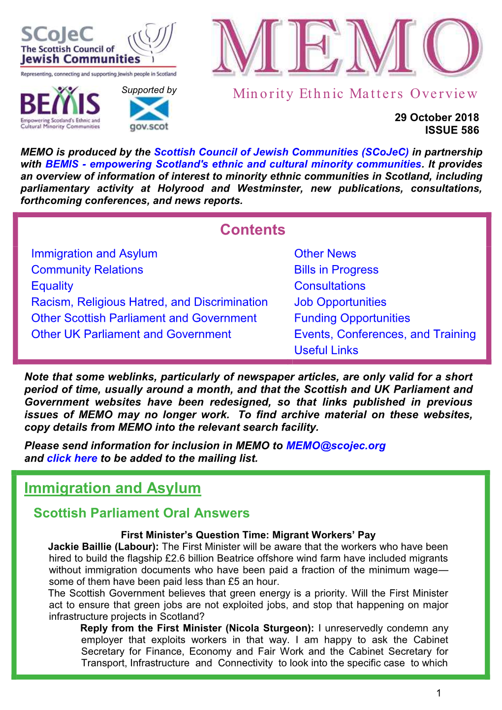 MEMO Is Produced by the Scottish Council of Jewish Communities (Scojec) in Partnership with BEMIS - Empowering Scotland's Ethnic and Cultural Minority Communities