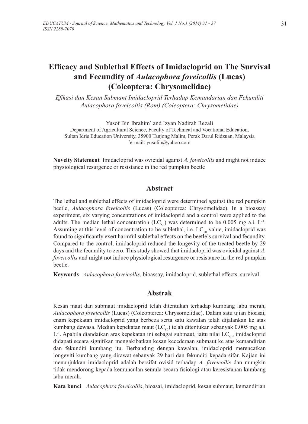 Efficacy and Sublethal Effects of Imidacloprid On