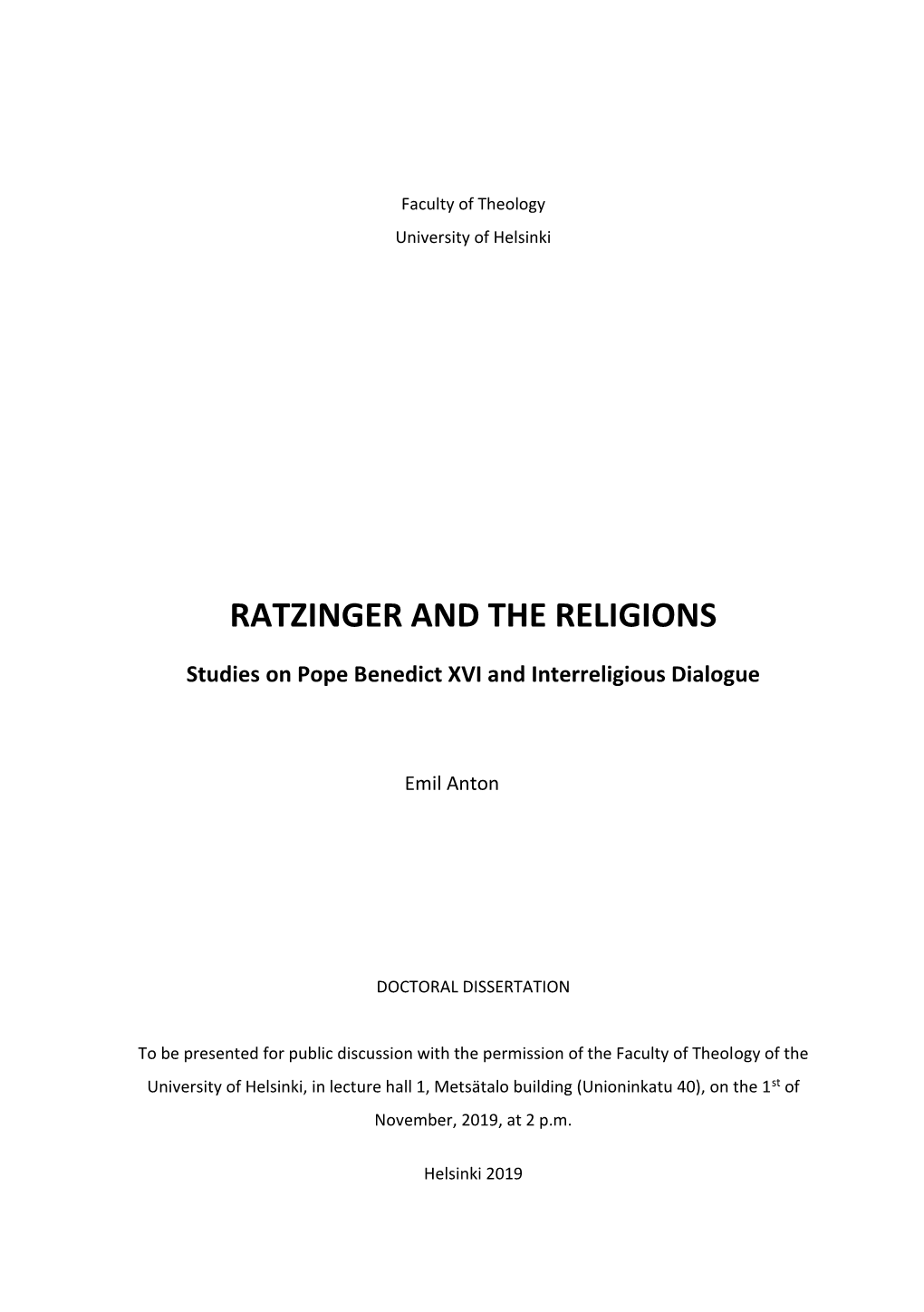 RATZINGER and the RELIGIONS: Studies on Pope Benedict XVI And