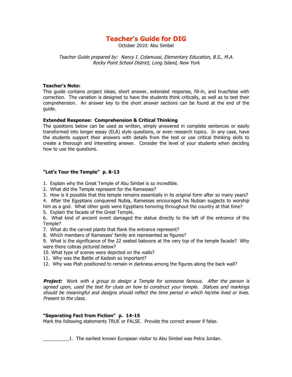 Teacher's Guide for DIG October 2010: Abu Simbel
