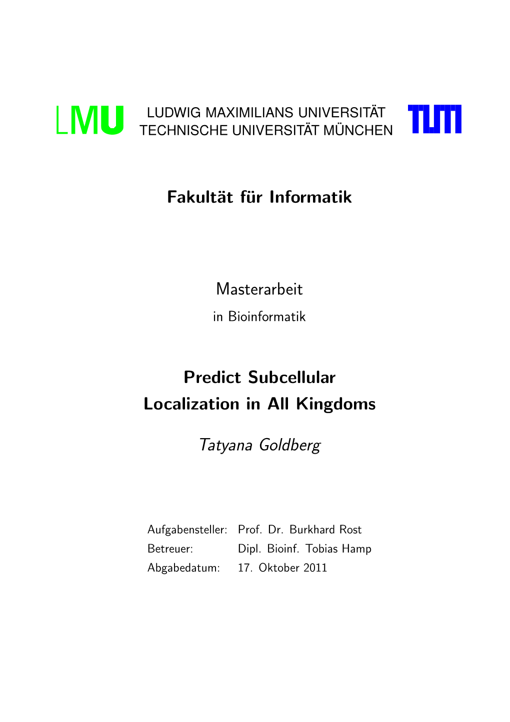 Fakultät Für Informatik Masterarbeit Predict Subcellular Localization In