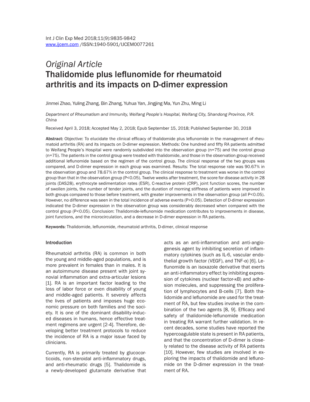 Original Article Thalidomide Plus Leflunomide for Rheumatoid Arthritis and Its Impacts on D-Dimer Expression