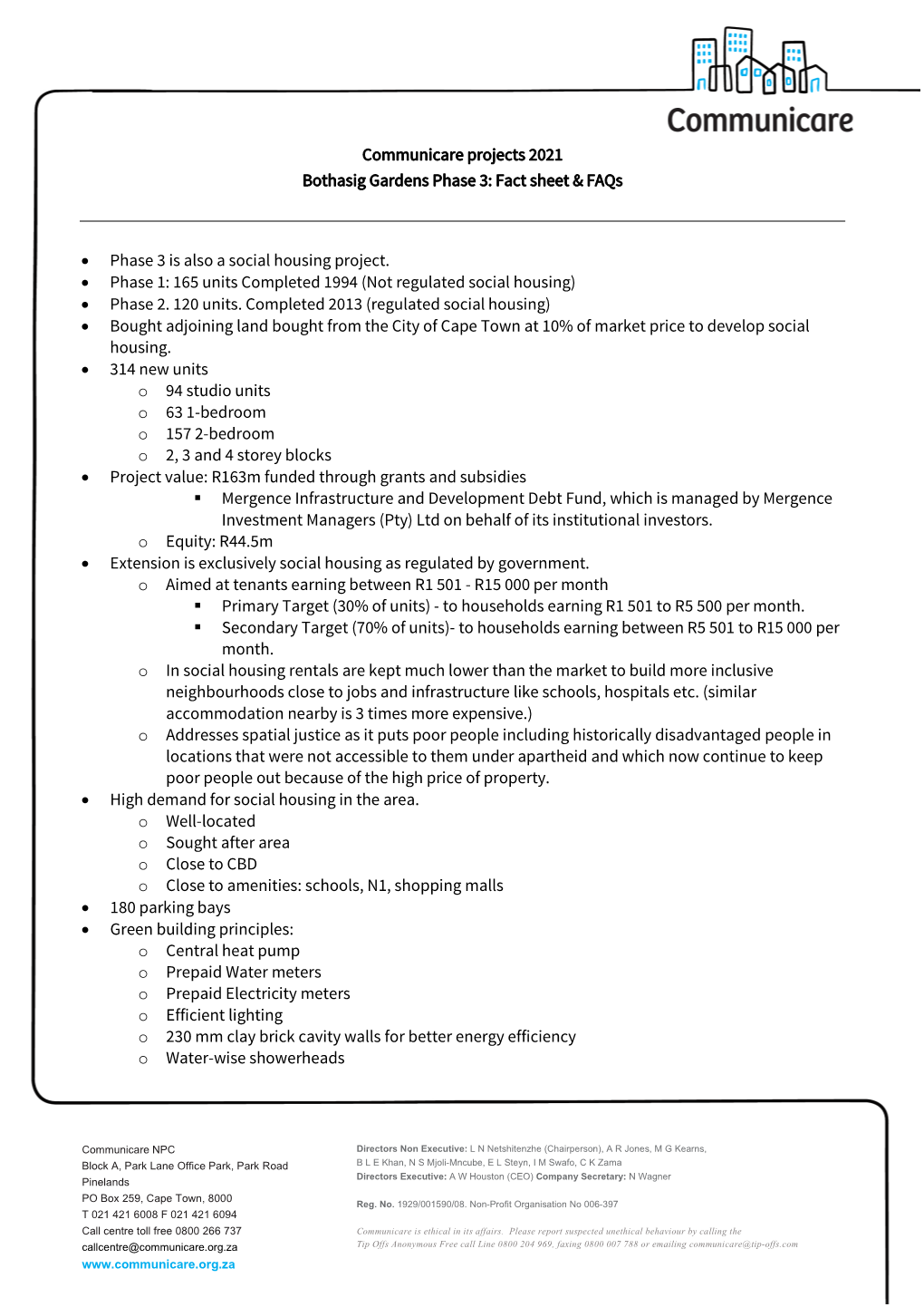 Communicare Projects 2021 Bothasig Gardens Phase 3: Fact Sheet & Faqs