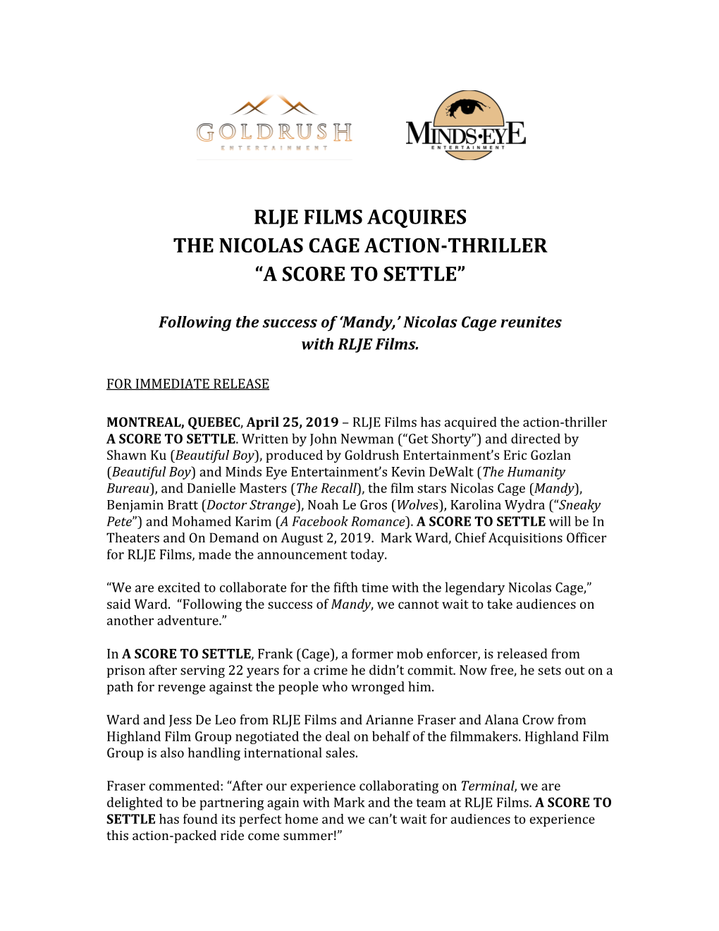 Rlje Films Acquires the Nicolas Cage Action-Thriller “A Score to Settle”
