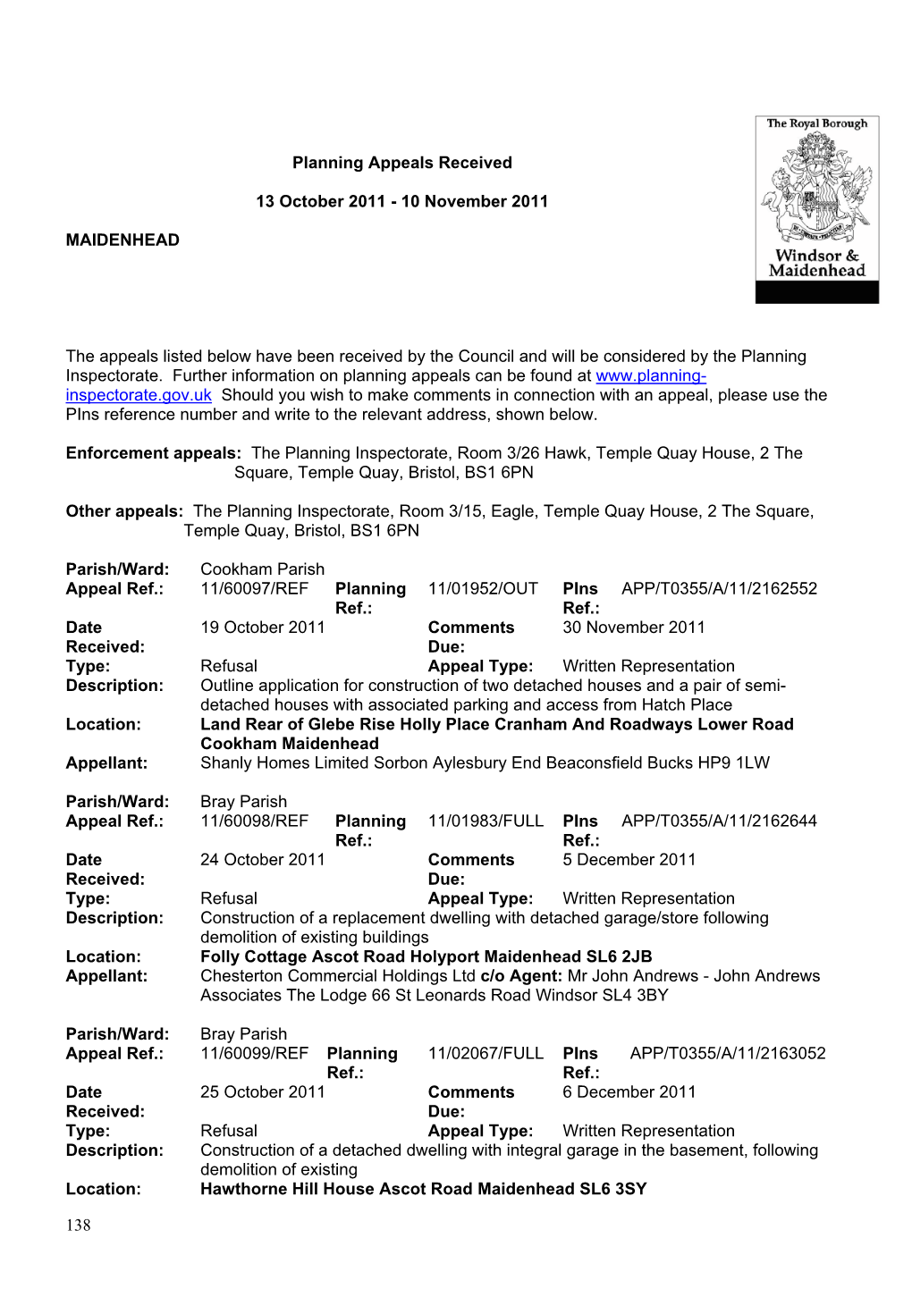 138 Planning Appeals Received 13 October 2011