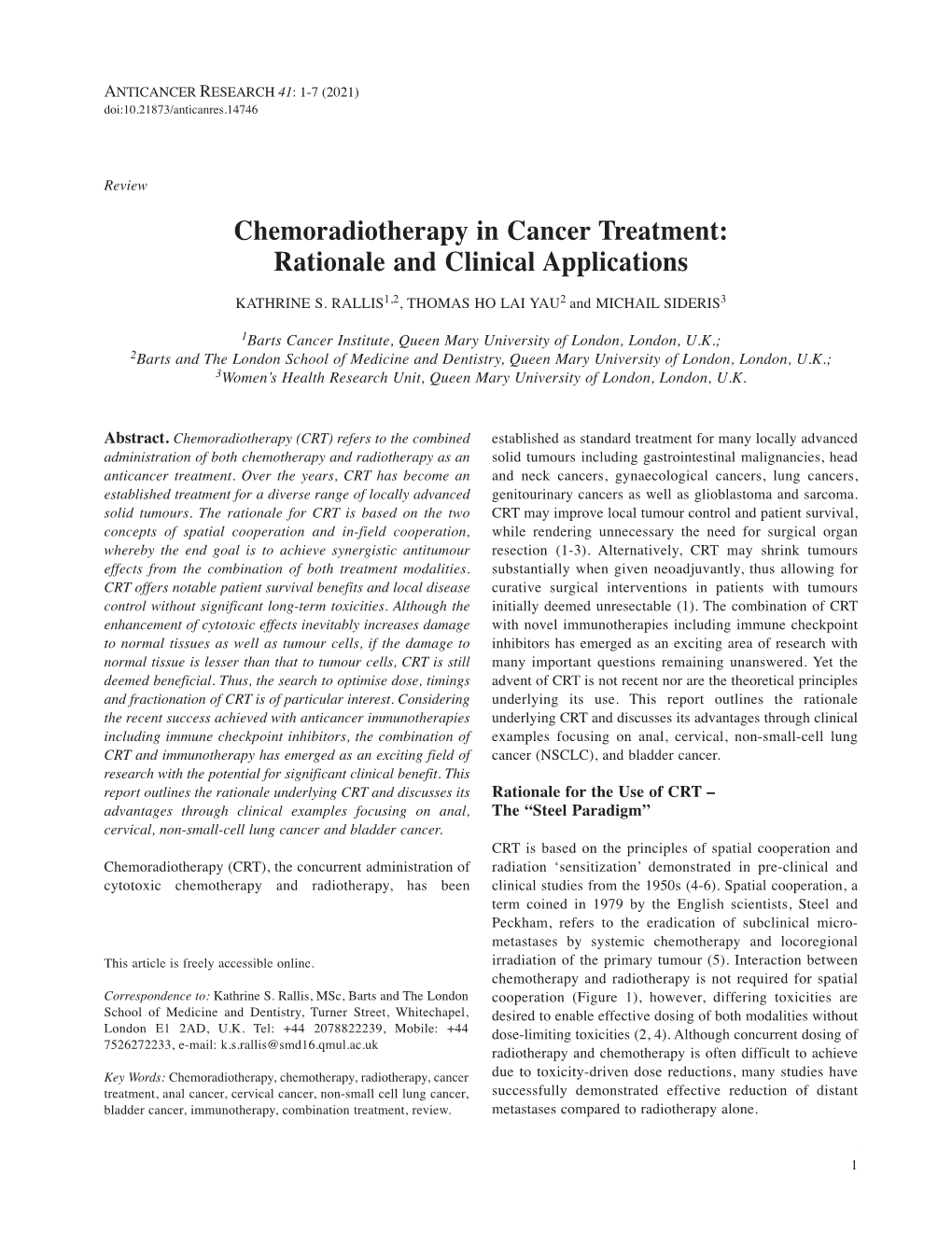 Chemoradiotherapy in Cancer Treatment: Rationale and Clinical Applications KATHRINE S