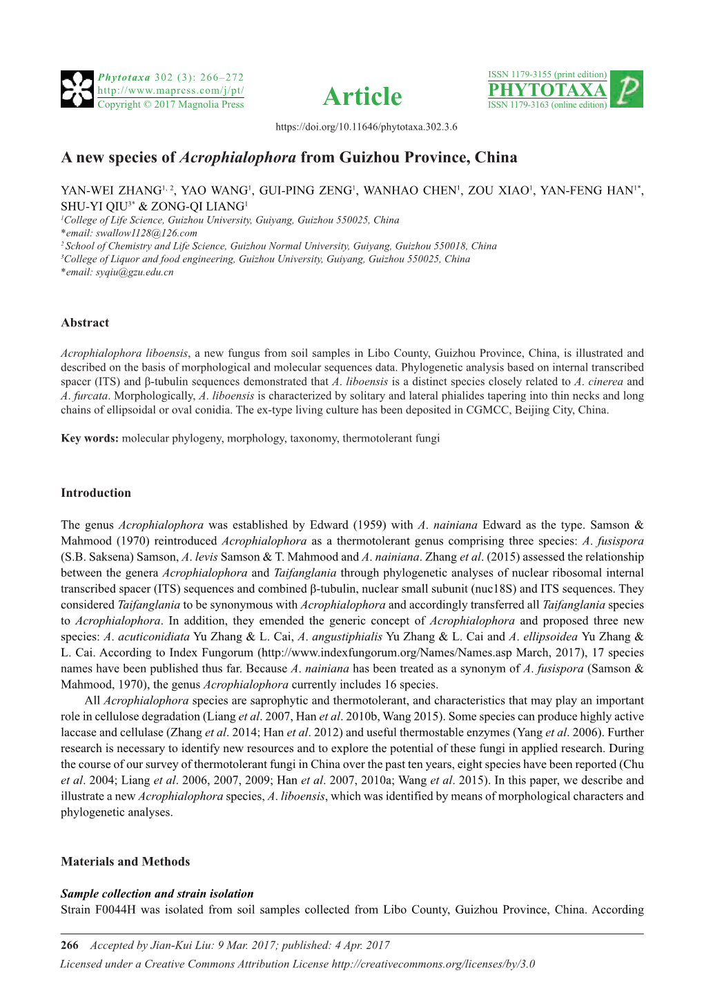 A New Species of Acrophialophora from Guizhou Province, China