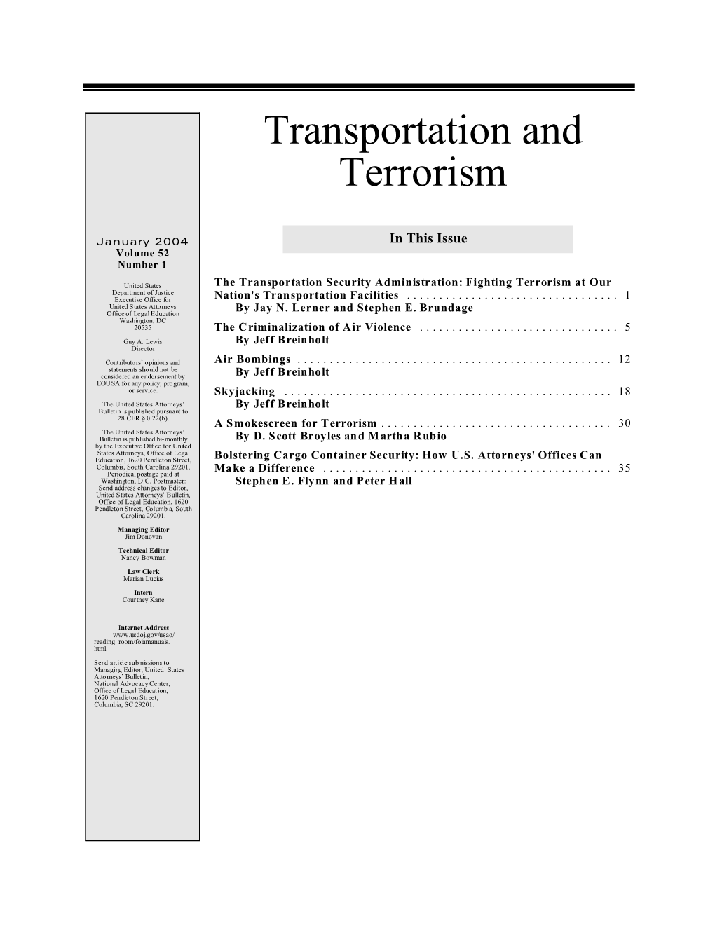 U.S. Attorneys' Bulletin Vol 52 No 01, Transportation and Terrorism